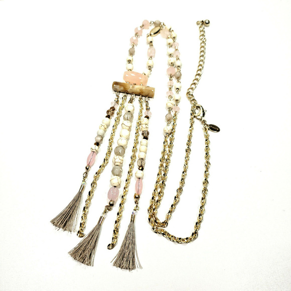 Chico's Jewelry - Chicos Pink Gray Tassel Necklace Beads Gold Tone
